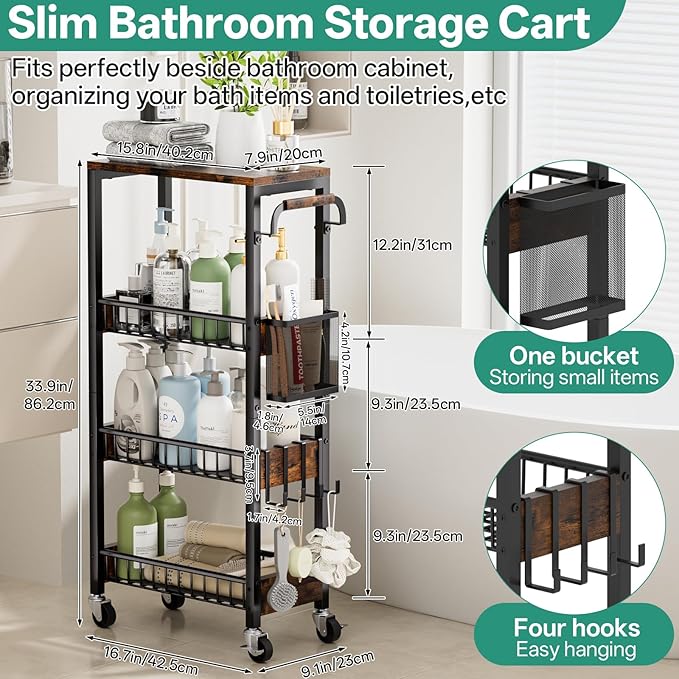 Slim Bathroom Storage Cart, 4 Tier Small Rolling Organizer Cabinet with Wood Top Handle, Mobile Shelving Unit Slide Out for Office, Kitchen, Laundry Room & Narrow Places (9.1" Overall Width)