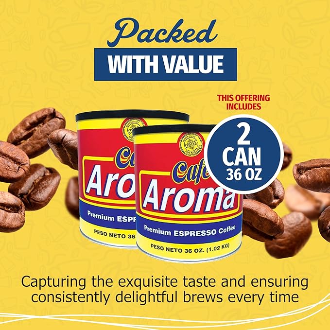 Café Aroma Ground Espresso Roast Coffee, Dark Roast, Cuban Style Coffee, Perfect for Lattes, Blend For Hot & Iced Coffee Creations, 36 oz (2 Cans)