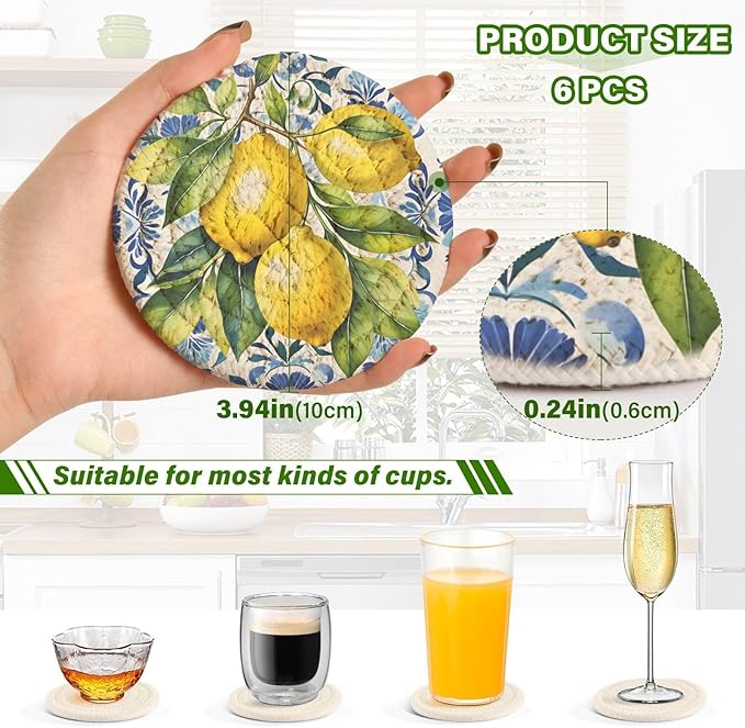 Cup Coasters for Drinks Lemon Italian Tile Blue E Coasters Set of 6, Absorbent Coaster with Holder Cotton Woven Coaster for Coffee Wooden Table Home Decor
