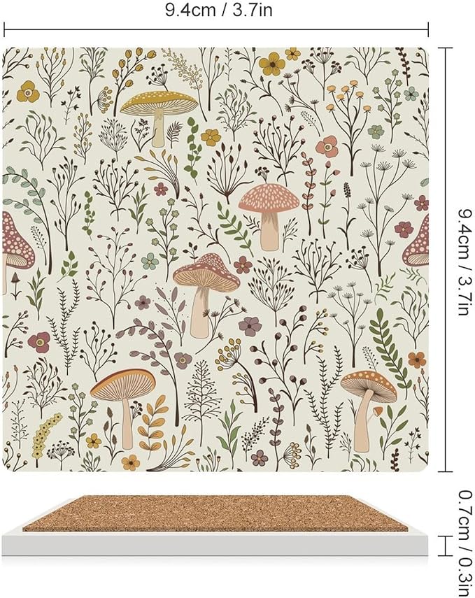 4PCS Botanical Ceramic Coasters, Square Absorbent Drink Coasters, Colorful Mushroom Floral Green Leaves Boho Plants Pattern Botanical Ceramic Table Coasters for Coffee, Beverage, Wine, Beer Coasters
