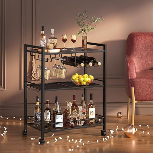 Bar Cart, Home Bar Serving Cart with 3-Tier Shelf,Microwave Cart with Lockable Wheels,Mobile Kitchen Shelf,Rolling Beverage Cart with Wine Rack and Glass Holder for Kitchen,Dinning Room,Black