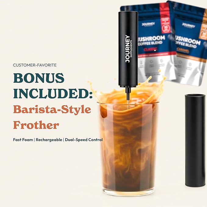 Mushroom Coffee with Collagen Bundle – Classic & Caramel Flavors (60 Servings Total) + Frother – Adaptogenic Coffee with Lion’s Mane, Chaga & Cordyceps