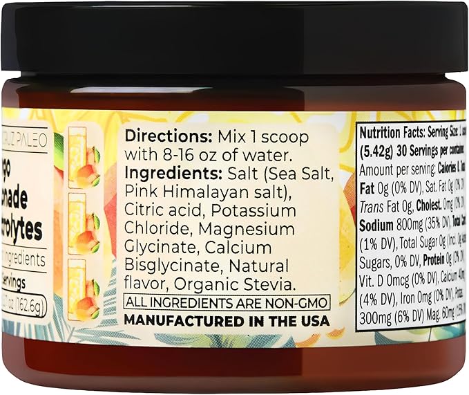 Santa Cruz Paleo Electrolyte Powder, Mango Lemonade, Sugar Free Hydration Drink Mix with Himalayan Pink Salt, Sea Salt, Magnesium Glycinate, Potassium Chloride, Sweetened with Stevia, 30 Servings