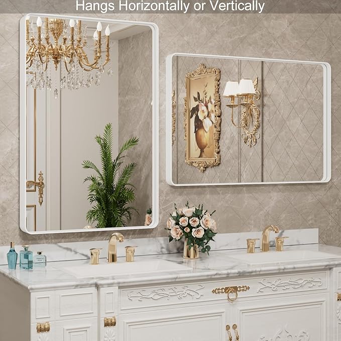 LOAAO 22x30 Inch White Metal Framed Bathroom Mirror for Wall, White Bathroom Vanity Mirror Farmhouse, Large Rounded Rectangle Mirror, Anti-Rust, Hangs Horizontally or Vertically