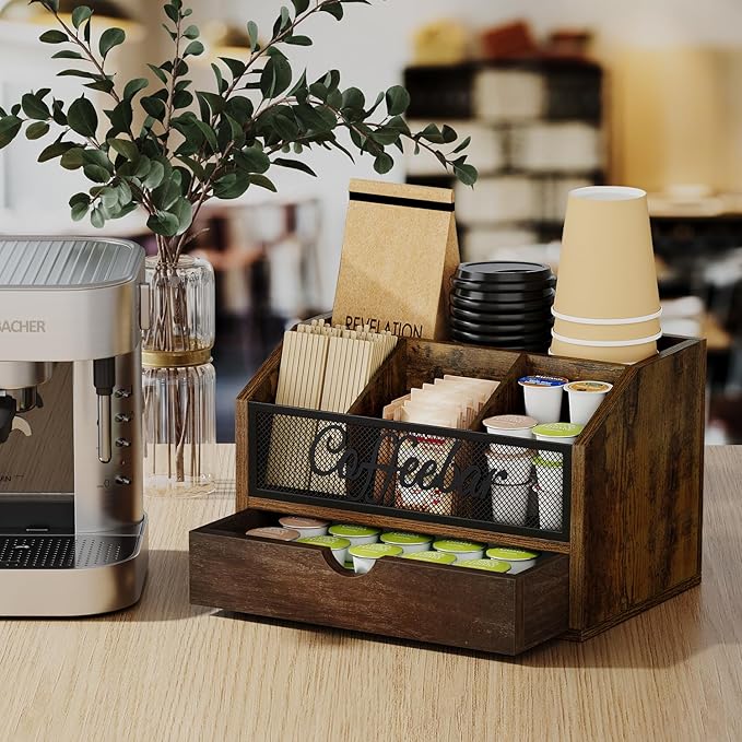 YINMIT Coffee Station Organizer with Drawer for Countertop, Wood Coffee Bar Organizer with Removable Dividers for Pods, Syrup, Cups, Stirrer, Office Bar Accessories (Iron Mesh-Vintage Brown, 2 Tier)