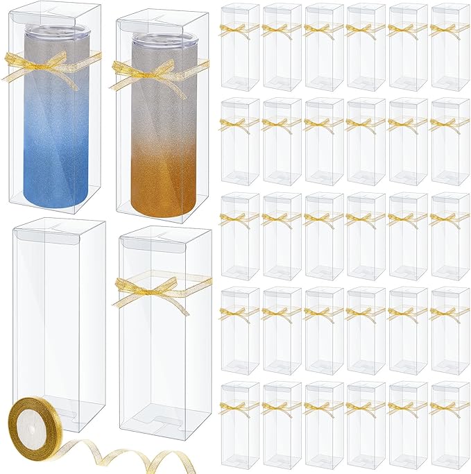 50 Pcs Mug Gift Boxes Clear Tumblers Packaging Box with Ribbon for Sublimation Tumblers Compatible with Stanley 11oz 12oz 15oz 20oz 30oz 40oz(3.3 x 3.3 x 9.8 Inch)
