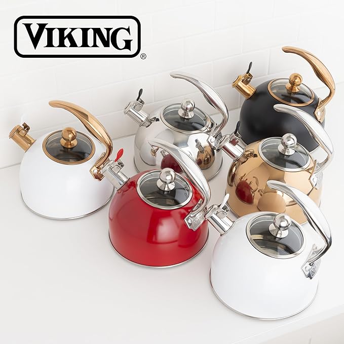 Viking 3-Ply Stainless Steel Tea Kettle, 2.6 Quart Stovetop Hot Water Pot with Tempered Glass Lid, Ergonomic Handle, Induction Ready, Matte Black and Copper