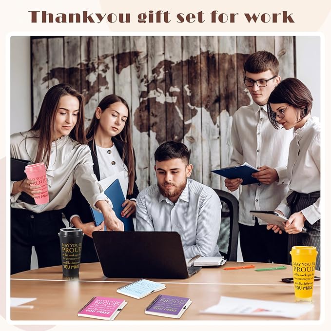Skylety 12 Set/48 Pcs Employee Appreciation Gifts Bulk Christmas Thank You Gift Set 16 oz Coffee Cups Notebooks Pens Keychains for Staff Team Coworker (Classic Color,May You Be Proud of the Work)
