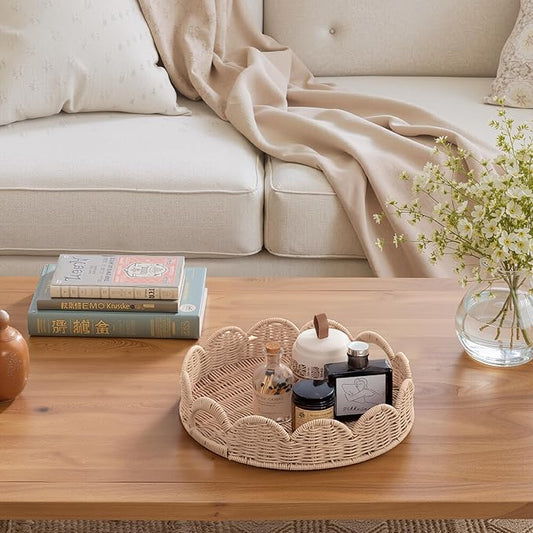 GRANNY SAYS Wicker Decorative Scalloped Trays for Home Decor, Coffee Table Trays with Handles, Woven Rattan Tray for Kitchen Counter, Round Serving Tray Decor for Living Room and Ottoman