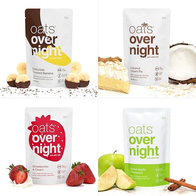 Oats Overnight Fruit Variety Pack - High Protein, High Fiber Breakfast Protein Shake - Gluten Free Oatmeal, Non GMO High Protein Oatmeal - Fruity Cereal, Chocolate Covered Banana & More (24 Pack)