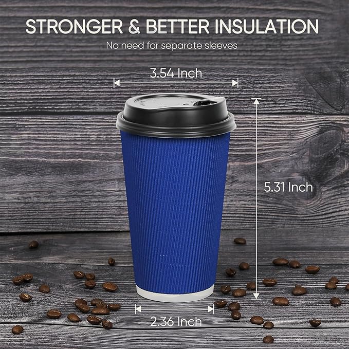 Coolcap 100 Pack 16 oz Disposable Coffee Cups with Lids and Straws, Insulated Ripple Wall To Go Paper Corrugated Cups, Bulk for Hot/Cold Drinks, Cafe Bar, Office, Chocolate, Cocoa (Navy)