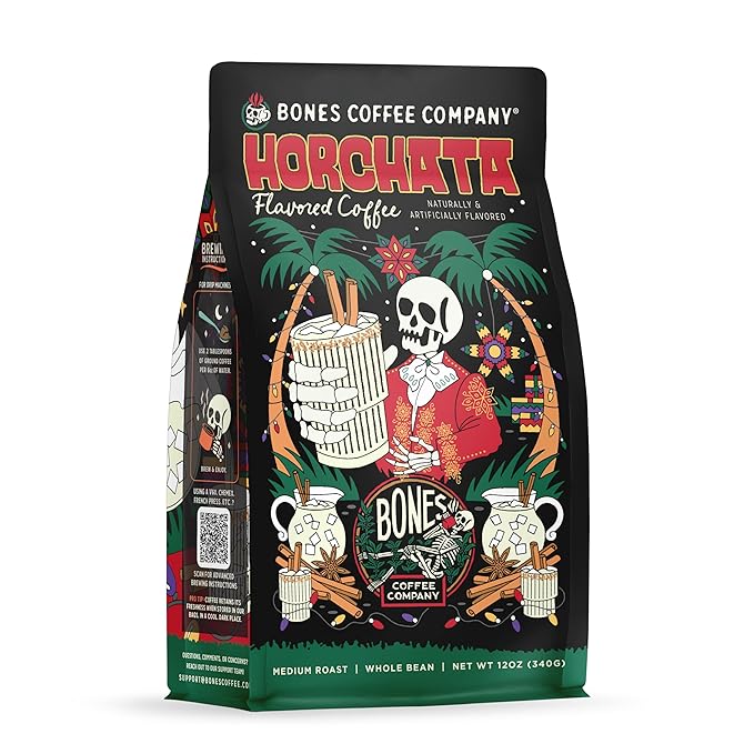 Bones Coffee Company Horchata Flavored Coffee, Medium Roast Low Acid Arabica Beans Compatible with Auto drip and French Press Coffee Maker, 12 Oz Whole Bean