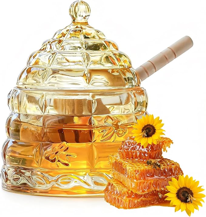 kanpura Honey Jar Pot Glass Holder Dispenser Set with Wooden Dipper Stick and Lid for Home Kitchen, Modern Syrup Glass Container for Storage Gift (Champagne,3.7 Oz)