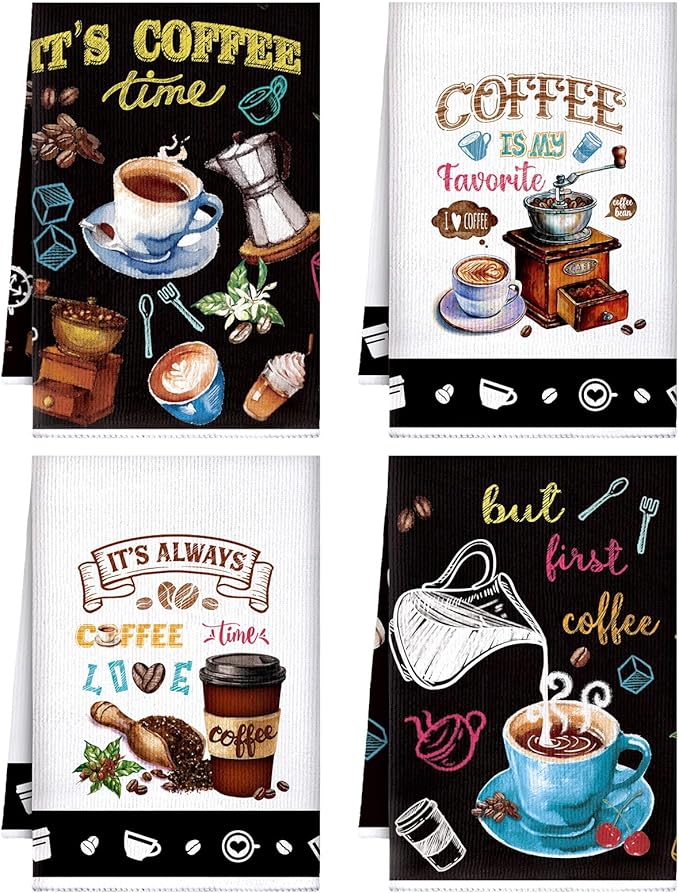 Ferraycle 4 Pieces Kitchen Dish Cloths Coffee Kitchen Hand Towels Absorbent Tea Towels 24 x 16 Inches, Cafe Lover Gift Bar Decorative Dish Cloths Rags, for Farmhouse(Bright,Tea Time)