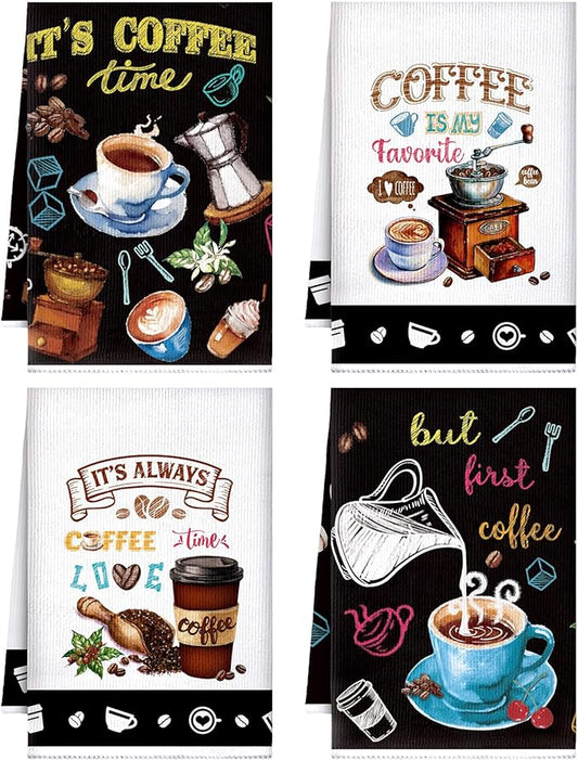 Ferraycle 4 Pieces Kitchen Dish Cloths Coffee Kitchen Hand Towels Absorbent Tea Towels 24 x 16 Inches, Cafe Lover Gift Bar Decorative Dish Cloths Rags, for Farmhouse(Bright,Tea Time)