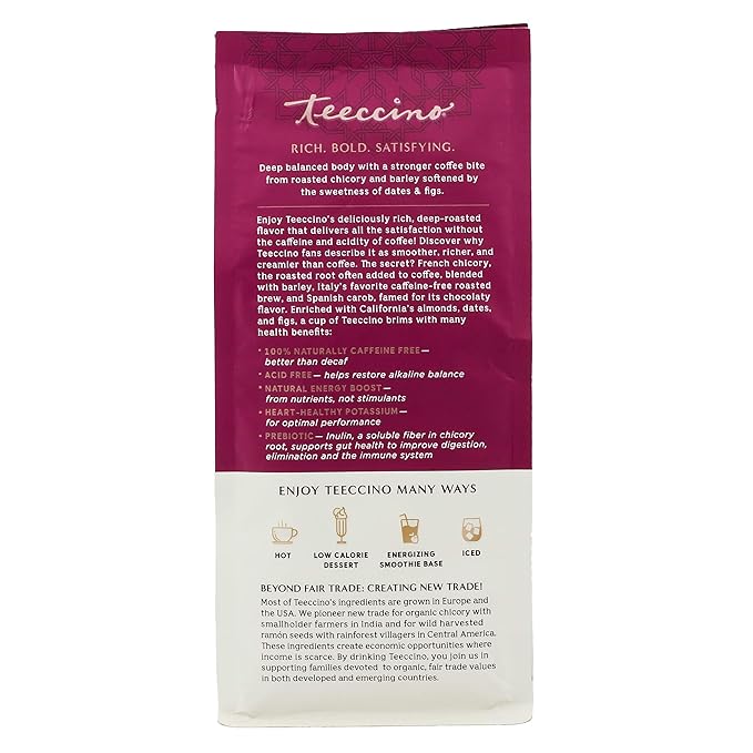 Teeccino Java Chicory Coffee Alternative - 11 Ounce - Ground Herbal Coffee That’s Prebiotic, Caffeine Free & Acid Free, Medium Roast, (Pack of 6)