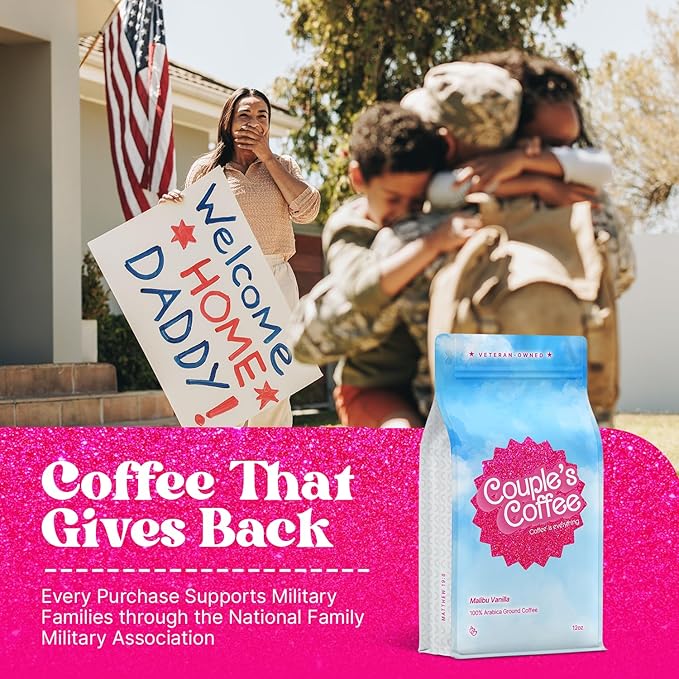 Couple's Coffee Vanilla Grounds | Malibu Vanilla Flavored Coffee | Pink Gifts for Women | Gives Back to Military Families | Medium Roast Made with 100% Arabica Beans | 12oz