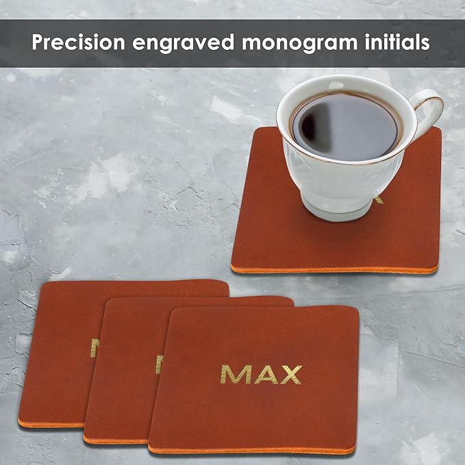 Northwind Personalized Leather Coasters – Set of 4 Full-Grain Leather 4” Square Drink Coasters with Custom Engraved Monogram Initials – Stylish Home Décor for Weddings and Holidays