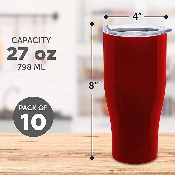 DISCOUNT PROMOS Stainless Steel Grip Travel Mugs 27 oz. Set of 10, Bulk Pack - Perfect for Coffee, Soda, Other Hot & Cold Beverages - Red