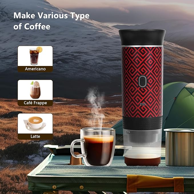 Coffee Maker Gift Set for Travel, Battery Powered Portable Electric Espresso Machine for Camping, Rechargeable Coffee Maker Self Heating with Ground Coffee & Capsule for RV, Hiking (Red mix Black)