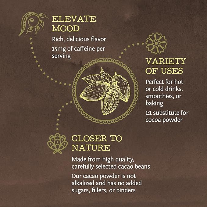 Pure Cacao Powder Organic Unsweetened & Raw | Premium USDA Organic Cacao Powder for Baking Smoothies and Hot Chocolate | Non-Alkalized No Added Sugar Non-GMO Gluten Free Vegan & Kosher (225g)