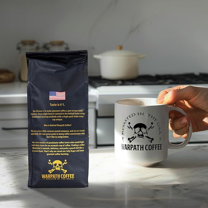 Warpath Coffee Medium Roast Ground Coffee, Summer Blend, High Caffeine, Extra Strong Roasted 100% Arabica Coffee Ground Beans, Caribbean Inspired Blue Mountain Blend, Created by Navy SEALs, 12oz