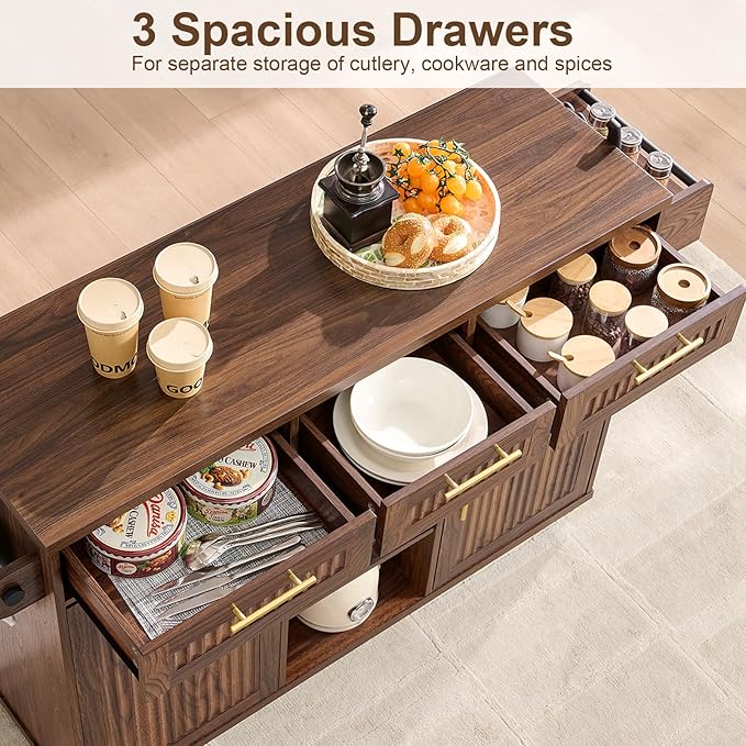 57" Kitchen Island with Storage — Kitchen Rolling Island with Trash Can Storage Cabinet, Power Outlet & Drop Leaf, Large Mobile Island Cart on Wheels with Spice & Towel Rack, Knife Holder (Walnut)