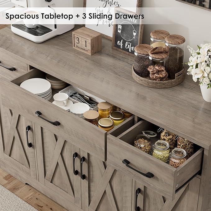 HOSTACK Buffet Sideboard Cabinet with Drawers, 55" Large Buffet Storage Cabinet with Shelves and Doors, Modern Farmhouse Coffee Bar Station for Kitchen, Dining Room, Ash Grey