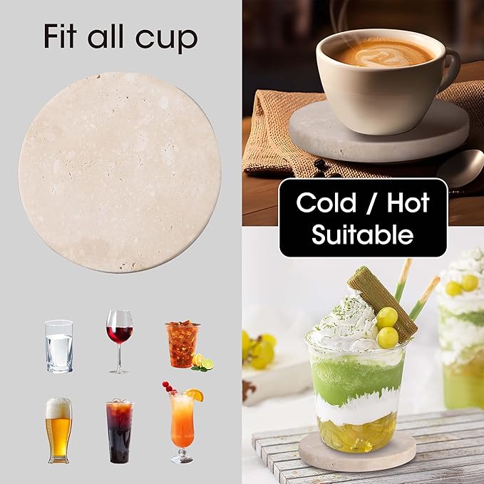 Travertine Stone Coasters Set of 4 ，4 inch Round Coasters Make a Great Housewarming, Providing Sturdy and Durable Desktop Protection for a Variety of Cups