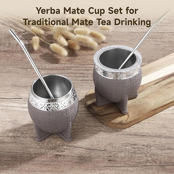 2PCS Yerba Mate Cup, 6 oz Stainless teel Mate Cup with Straw, Double Wall Vacuum Insulated Yerba Mate Gourd for Traditional Mate Tea Drinking (Gray)