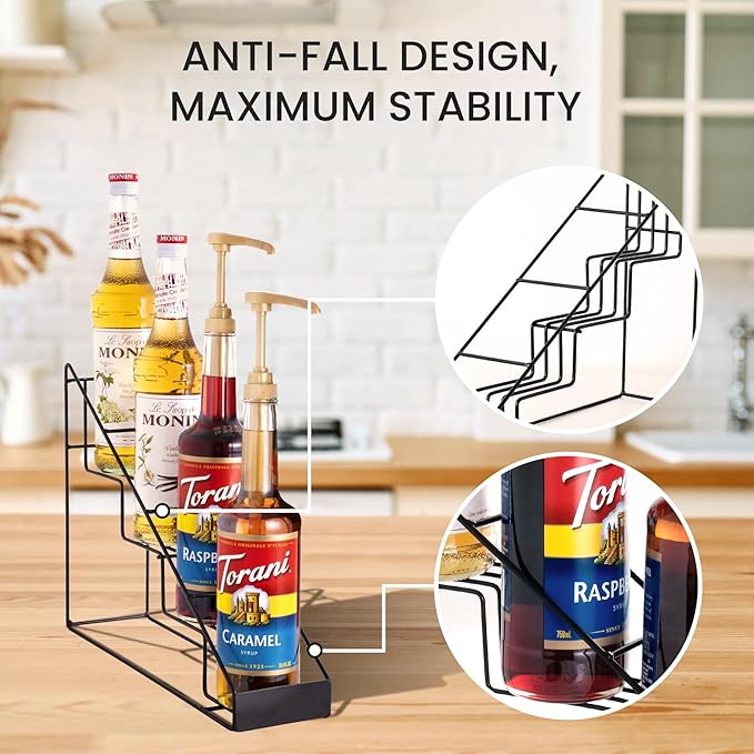 mustry Coffee Syrup Rack for Coffee Bar Accessories, Coffee Syrup Holder Fits with Torani and Monin Syrup, Coffee Bar Organizer Holds 4 Bottles, 2 Pack