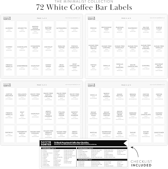 SAVVY & SORTED Coffee Bar Essentials Labels Stickers | 72 Coffee Syrup Labels Coffee Station Organizer