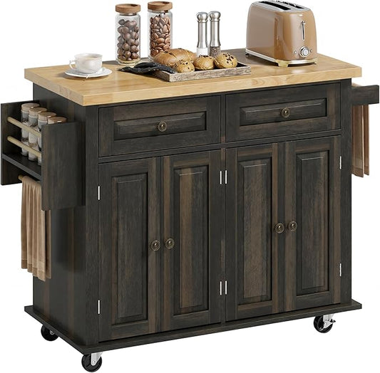 HOMCOM Kitchen Island Cart with Rubber Wood Top, Rolling Kitchen Island Table on Wheels with Drawers, Adjustable Shelves, Spice Rack and Towel Rack for Dining Room, Brown Oak
