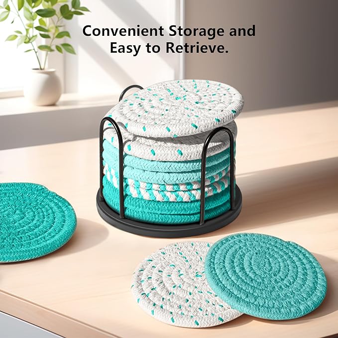 Coasters Set of 8 for Drinks, Beer, Coffee, Cotton Woven 4 Colors Absorbent Coaster with Holder, Boho Coasters for Home Decor Tabletop Protection Suitable for Kinds of Cups