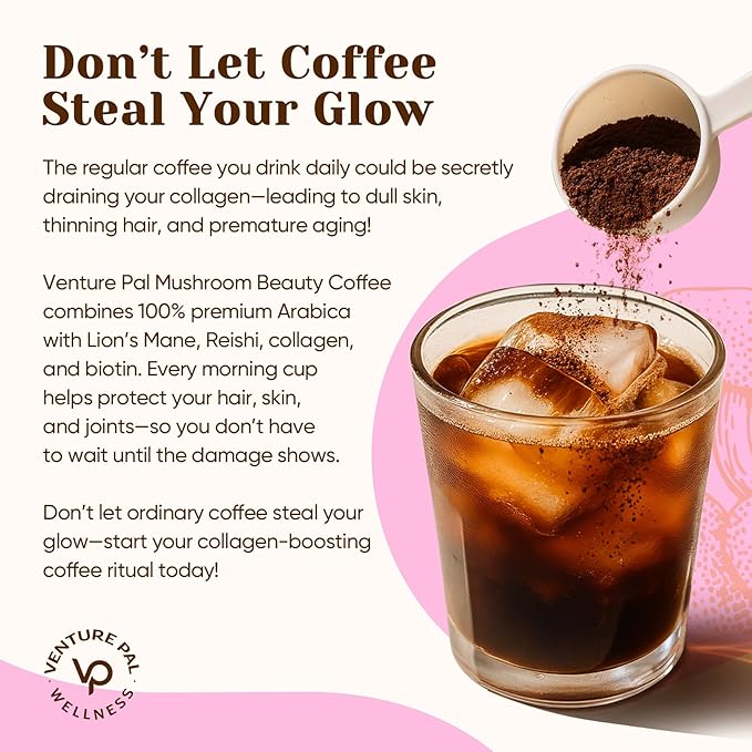 Venture Pal Premium Adaptogenic Mushroom Coffee with Multi Collagen, Lions Mane, Reishi, Chaga, Biotin, Vitamin C - Supports Energy, Focus, Skin, Hair, Nails, Joints, Digestion & Immunity, 30 Servings
