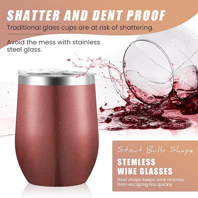 16 Pack Stainless Steel Wine Tumblers 12 oz Insulated Vacuum Wine Cup Set Double Wall Stainless Steel Stemless Mug Glasses for Coffee Soda Whiskey Outdoor Travel (Rose Gold)