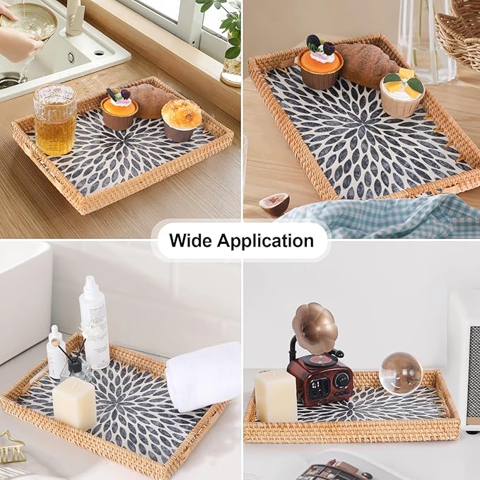 Rectangle Rattan Tray with Mother of Pearl Inlay, Rattan Serving Tray with Handle for Coffee, Bread, Fruits, Snacks, Decorative Wicker Tray for Table Decor (Rectangle Dark Blue Leaf, 13"×9")