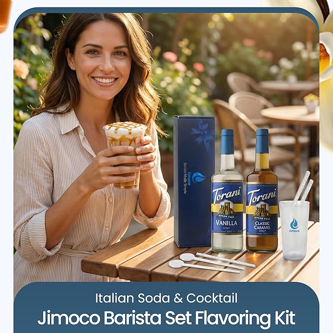Jimoco Barista Set – Torani Sugar Free Vanilla & Caramel Classic Syrups (25.4 oz Each) with 2 Jimoco Syrup Pumps, Reusable Cups, Straws & Stirrers – Coffee, Italian Soda & Cocktail Flavoring Kit