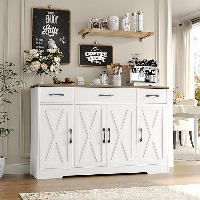 HOSTACK Buffet Cabinet with Drawers, 55" Large Sideboard Buffet Storage Cabinet with Shelves and Doors, Modern Farmhouse Coffee Bar Station Wood Kitchen Table for Kitchen, Dining Room, White/Rustic