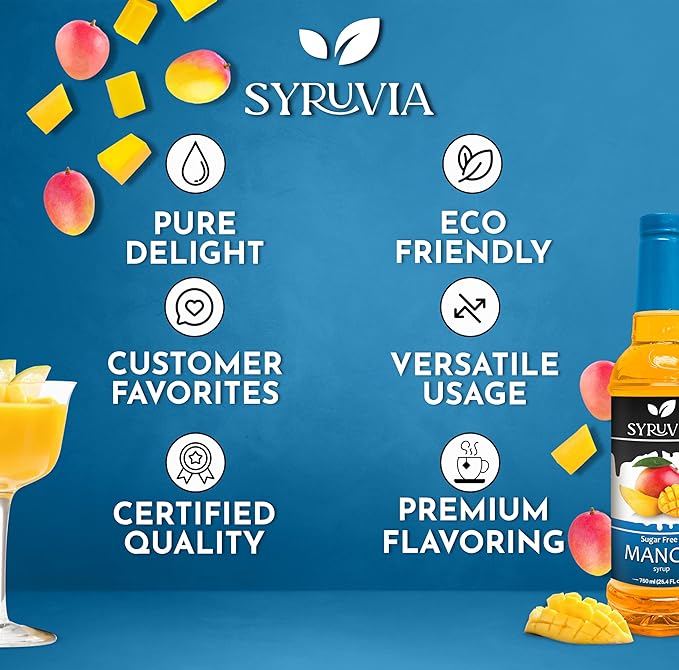 Syruvia Sugar-Free Mango Syrup, Flavored Syrup for Drinks, Cocktails, Lemonades, Iced Teas, and Desserts – 25.4 fl oz, With Pump
