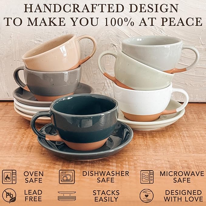 MORA Ceramic Latte Art Mug With Saucer - 10.5 oz, Round Bottom For Perfect Pours - Cafe Cups for Cappuccino, Espresso, Coffee, Tea etc - Porcelain Set for Baristas, Great Gift - Charcoal