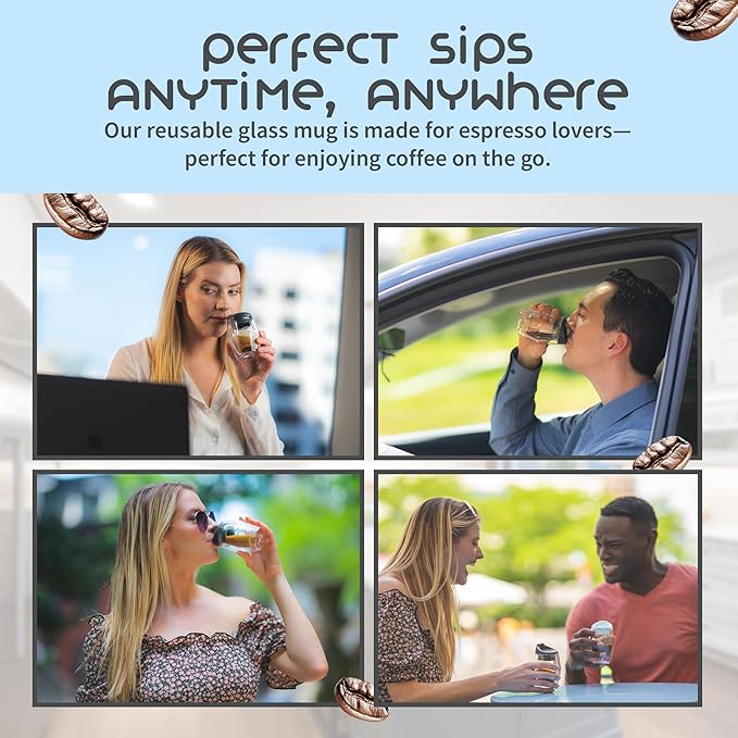 To-Go Espresso Glass Travel Mug with Lid, Reusable Double Wall Glass Tumbler, Fits Most Coffee Makers/Cupholders for Your Car, Gifts for Coffee Lovers, 2-Pack Iced Blue Cortado Cups