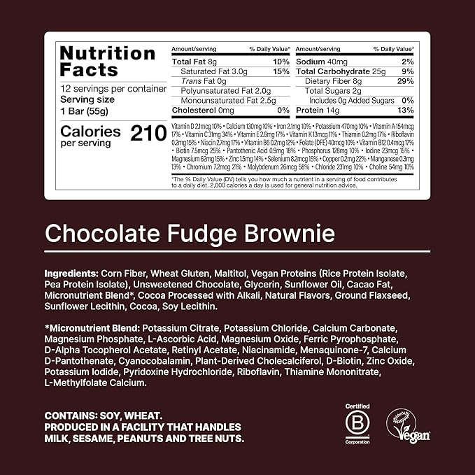 Huel Complete Nutrition Vegan Protein Bars | Fudge Brownie | 13g Protein | 27 Vitamins & Minerals, 2g Sugar, Non-GMO, 100% Plant Based Snack | 12 Pack