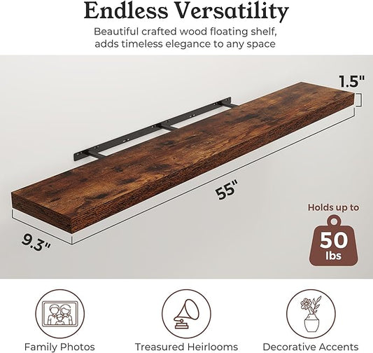 Floating Shelves for Wall, 9.3" Deep Wall Mounted Wood Shelves for Bathroom, Bedroom, Living Room, Kitchen, Hanging Shelf for Books/Storage/Room Decor (Brown, 55")