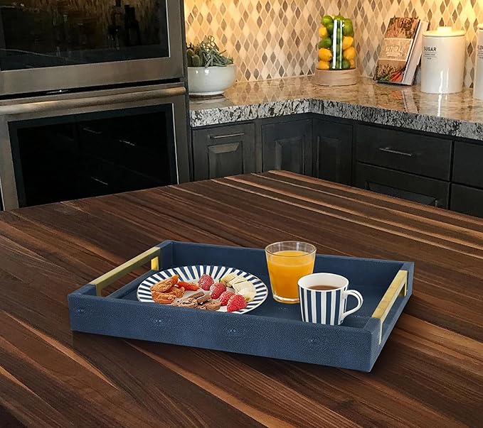 HofferRuffer Faux Leather Serving Tray with Gold Metal Handles, Stylish Decorative Tray Organizer for Coffee Table, Ottoman, Home Decor and Serving (Blue Shagreen, 16.2" x 12.2" x 2")