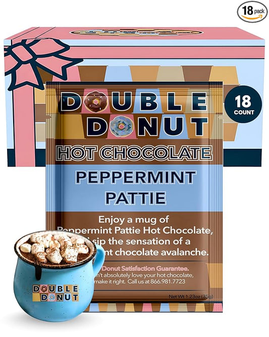 Double Donut Peppermint Hot Chocolate, Peppermint Pattie Flavored Hot Chocolate Packets, Hot Peppermint Cocoa Mix, 18 Count