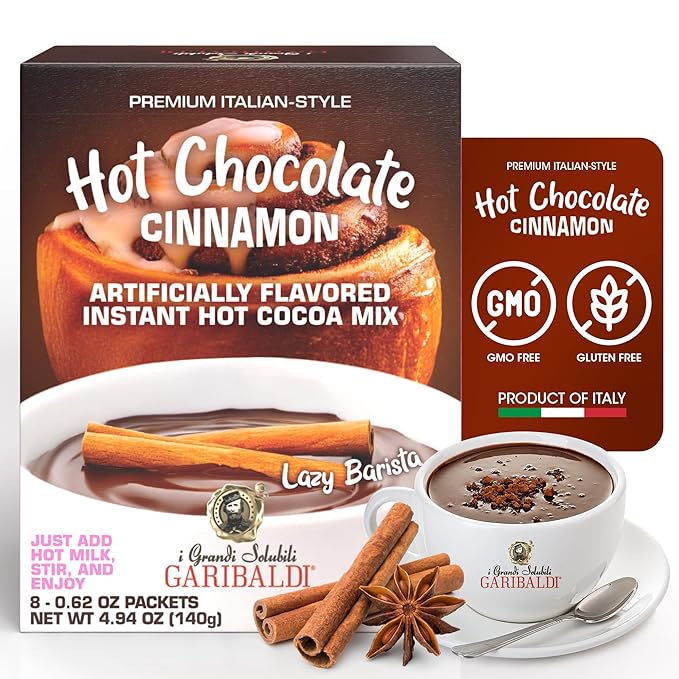 Cafe Garibaldi Premium Cinnamon Hot Chocolate - Instant Cocoa Mix with Cocoa Powder, Gluten-Free & GMO-Free, 8 Servings x 0.62oz Packets, Ideal Italian Hot Chocolate Gift