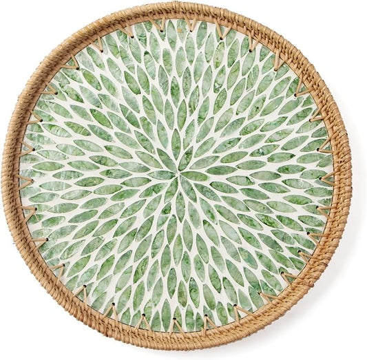 Round Rattan Tray with Mother of Pearl Inlay, Decorative Wicker Serving Tray with Wooden Base, Woven Basket Trays for Bread Fruits Coffee, Leaf