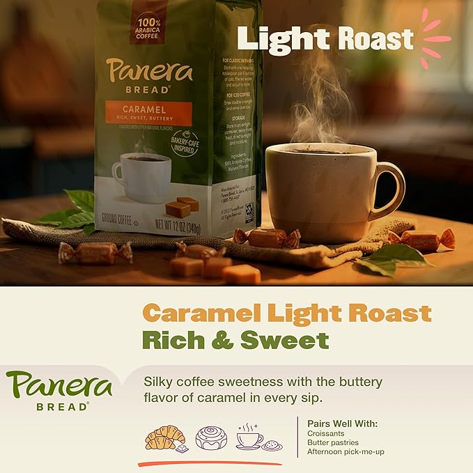Panera Caramel Light Roast Ground Coffee, 100% Arabica, Naturally Flavored Caramel, Rich Buttery Taste, Sustainably Sourced, 12oz Bag Pack of 6 (72 oz Total)