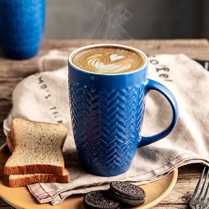 AmorArc Coffee Mugs Set of 6, 16oz Ceramic Lagre Coffee Mugs Set with Textured Geometric Patterns for Latte/Tea/Beer/Hot Cocoa, Dishwasher & Microwave Safe, Blue